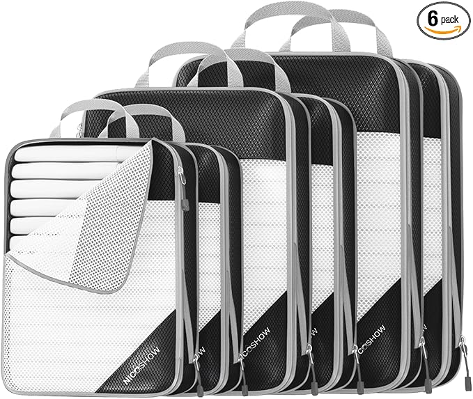 NICOSHOW 6 Set Compression Packing Cubes for Travel - Compressible, Lightweight, and Space-Saving Packing Cubes, Travel Essentials for Women, Black by NICOSHOW