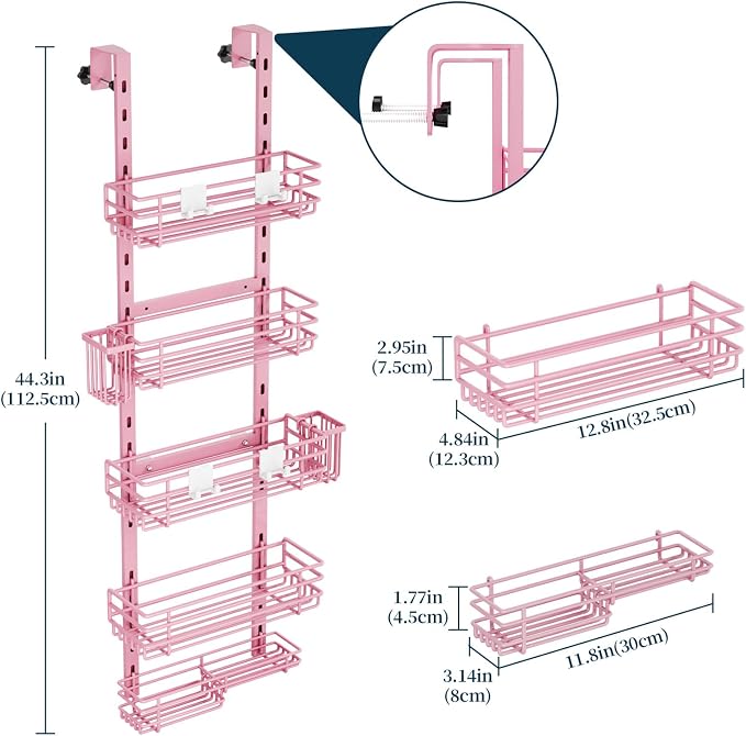 Consumest Over The Door Shower Caddy - 5 Tier Adjustable Shower Organizer Hanging with 2 Toothbrush Holders & 4 Hooks, Rustproof Organizer Shelf, Storage Rack for Bathroom, Pink - Image 8