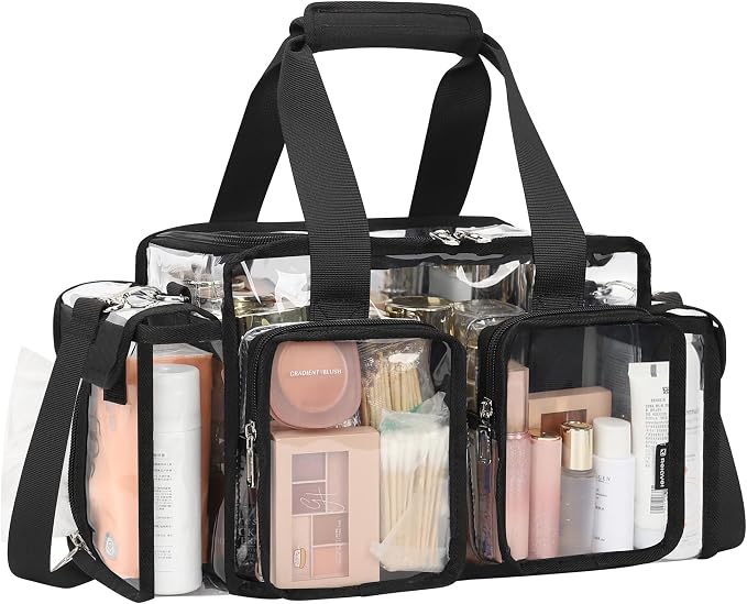 Relavel Clear Makeup Bag Professional Makeup Artist Kit Set Travel Cosmetic Organizer Case Transparent Stadium Approved Tote Bag Toiletry Lunch Duffle Work Shoulder Bag with Adjustable Dividers, Black by Relavel