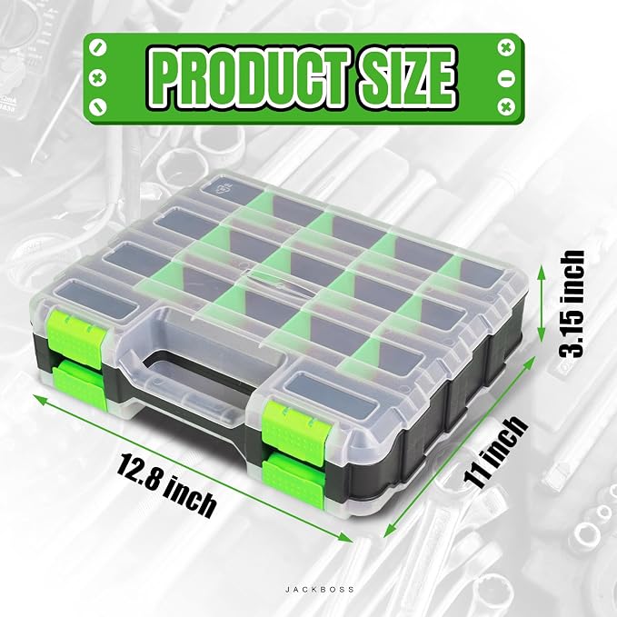 Jack Boss Tool Box with Transparent Lid, Double Side 34-Compartments Organizer Box with Removable Dividers for Hardware, Screws, Bolts, Nails, Beads, Jewelry and Fishing Accessories, Green, 2 Pack - Image 2