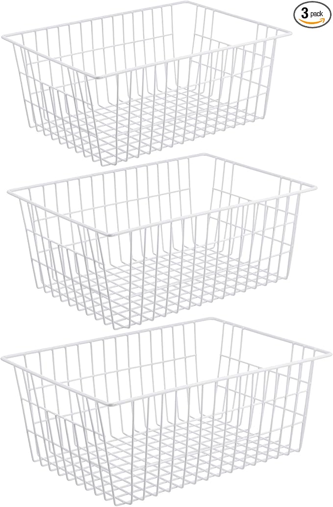 iPEGTOP Wire Freezer Stroage Baskets, 13.4 inch Set of 3 Farmhouse Storage Bins Basket Freezer Storage Organizer Bins with Handles for Kitchen Cabinets, Pantry, Closets, Bedrooms, Bathrooms- White by iPEGTOP