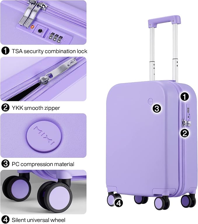 mixi Carry on Luggage, 20'' Suitcase Spinner Wheels Luggage Hardshell Lightweight Rolling Suitcases PC with Cover & TSA Lock for Business Travel, Lilac Purple - Image 4