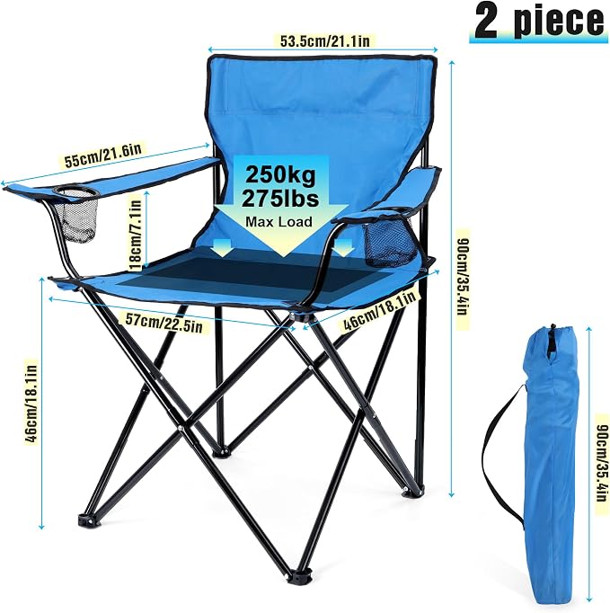 HaSteeL Foldable Camping Chair Set of 2, Folding Camp Chairs & Carrying Bags for Adults, Portable for Lawn, Outdoors, Fishing, Hiking, Travel, Picnic, Beach, Oversized & Supports 275lbs (Blue) - Image 2