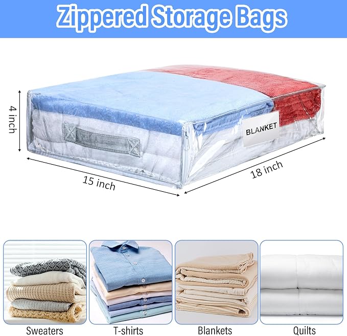 Kenning 20 Pcs Clear Zippered Storage Bags for Sheet Plastic Sweater Bag with Handle and Label Pocket Vinyl Stackable Closet Organizer Moving Bag for Bed Blanket Clothes Pillow(White,18 x 15 x 4 Inch) - Image 2