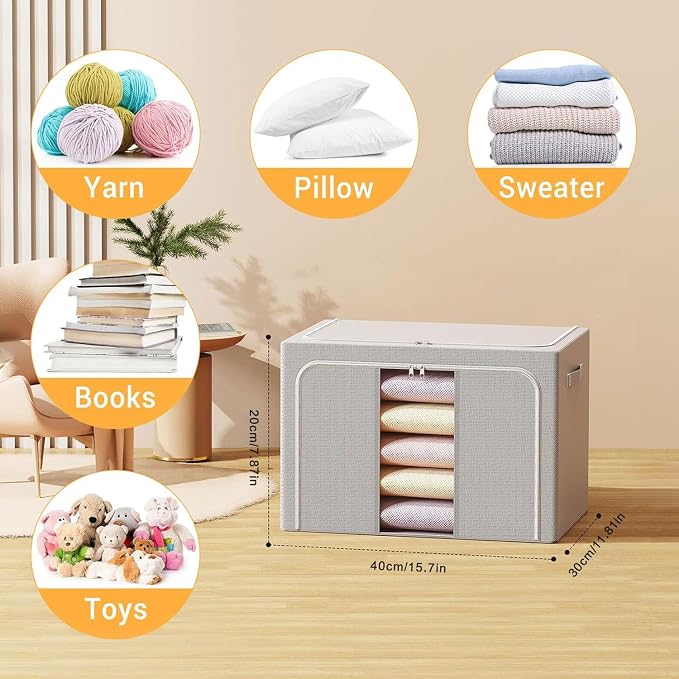 Clothes Storage Bins with Metal Frame Foldable Storage Box Clothes Organizers Storage Containers for Clothes Sheets Blankets Books Toys Gifts and Holiday Decorations (24Lx3 Pack) - Image 2