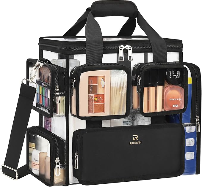 Relavel Large Clear Makeup Bags, Professional Makeup Artist Kit Set Bag with Removable Dividers, Travel Cosmetic Organizer Hairstylist Traveling Bag Transparent PVC Work Tote Bag Duffle Bag for Women by Relavel
