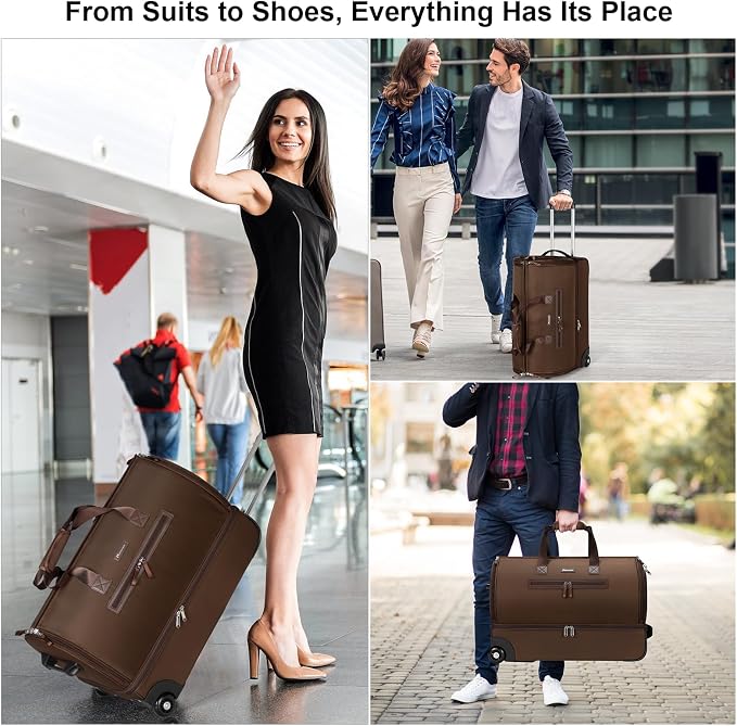 Modoker Convertible Rolling Garment Bag for Travel, Suit Travel Bag with Trolley, Garment Duffel Bag with Wheels & Shoes Compartment for Business Trip, Weekender - Brown - Image 7