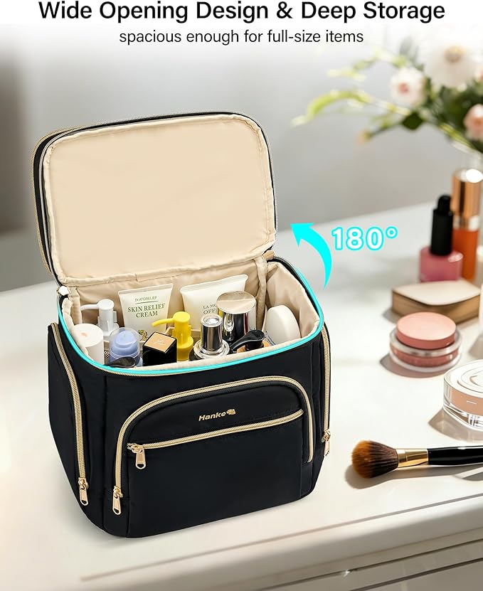 Hanke Large Toiletry Bag for Women Travel, Double Layer Organizer with Wide Opening for Full-Size Cosmetics & Toiletries, 12.2L Water-Resistant Makeup Bag,Black - Image 2