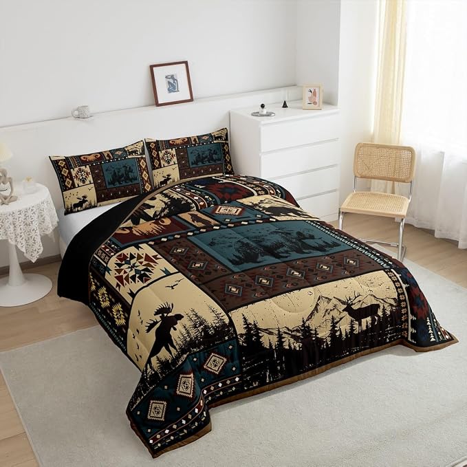 Erosebridal Aztec Comforter Sets Queen Rustic Southwestern American Native Bedding Set,Bear Deer Moose Quilt Retro Indian Style Hunting Animal Duvet Insert with 2 Pillowcases Microfiber - Image 4