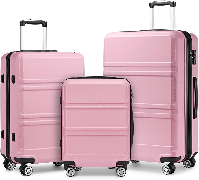 Kono 3 Piece Luggage Sets Expandable(only 28") with Spinner Wheels TSA Lock | Lightweight PC+ABS Hardside Travel Rolling Suitcases Sets 20in 24in 28in Carry on Pink by Kono