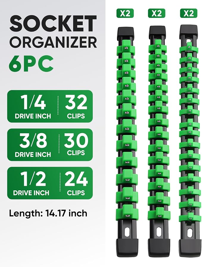ALOANES 6PC Socket Organizer, Socket Rails Fit 1/2", 1/4" and 3/8" Drive | Heavy Duty ABS Socket Holders Hold up 86 Sockets for Mechanics Toolbox Drawer Bags(Green) - Image 2