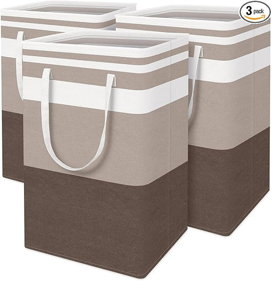 BlissTotes 3-Pack Laundry Basket, Freestanding＆Waterproof Laundry Hamper, Collapsible Tall Clothes Hamper with Easy Carry Handles for Clothes, Towels in the Family and Dorm,Gradient Khaki,75L by BlissTotes