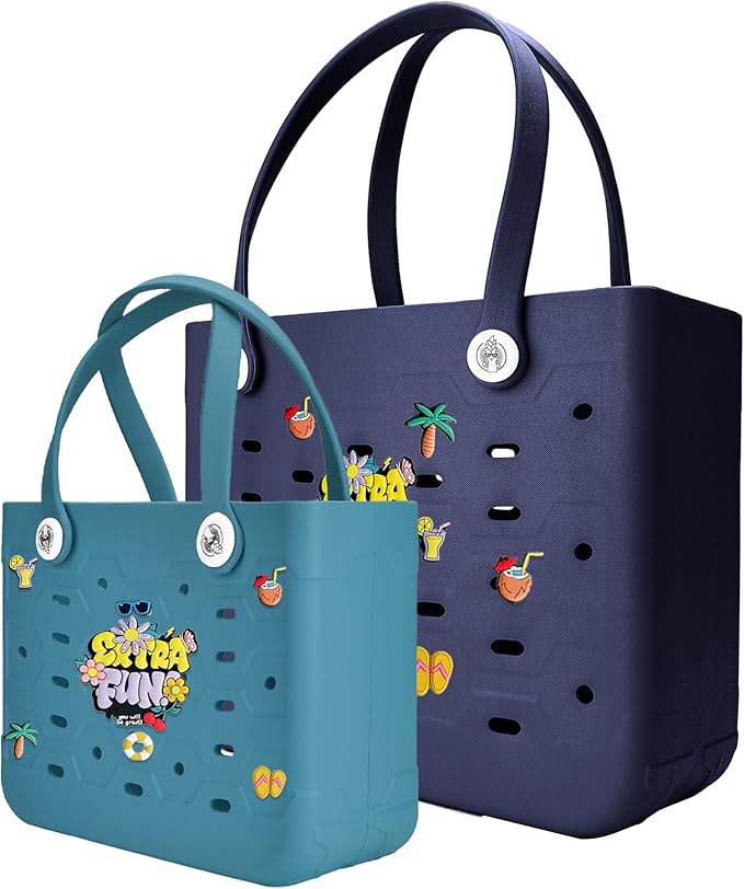 2-Pack Beach Bags Medium & Small,Waterproof Sandproof Rubber Tote Set for Women Men, Vacation Pool Boat Essentials by Unknown