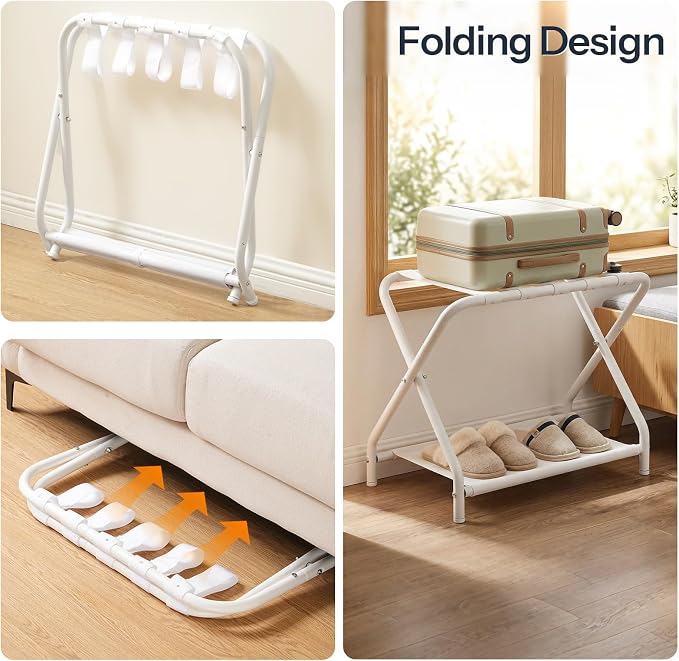 HOOBRO Luggage Rack, Folding Suitcase Stand with Fabric Storage Shelf for Guest Room, Bedroom, Hotel, Holds up to 100 lb, 27 x 15.3 x 22 Inches, Space Saving, White WT04XL01 - Image 4
