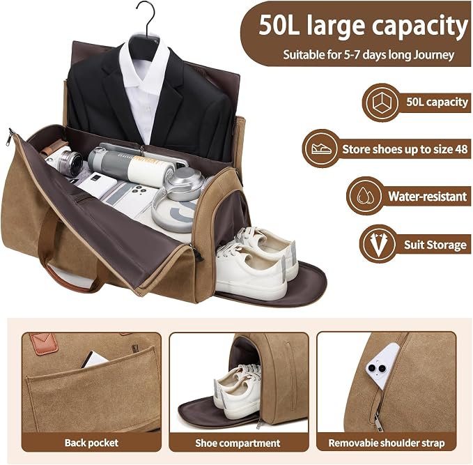 Convertible Garment Duffel Bag, Carry on Garment Bag for Travel Canvas Mens Suit Bag 2 in 1 Foldable Garment Bag with Shoulder Strap Weekender Bag with Shoe Pouch - Image 2