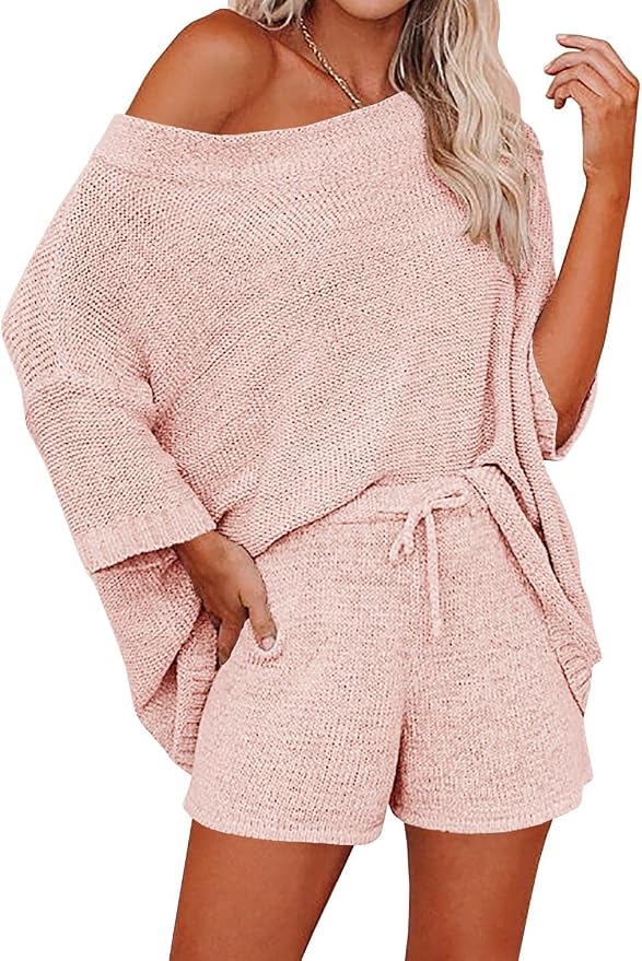 Ermonn Womens 2 Piece Outfits Sweater Sets Off Shoulder Knit Tops Waist Short Suits Casual Pajama Set by Ermonn