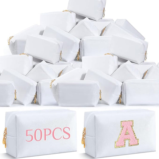 50 Pcs Makeup Bag Bulk PU Leather DIY Cosmetic Plain Preppy Makeup Pouch Portable Waterproof Toiletry Bags for Women Travel Pencil Case Cosmetic Organizer (White) by Cunno