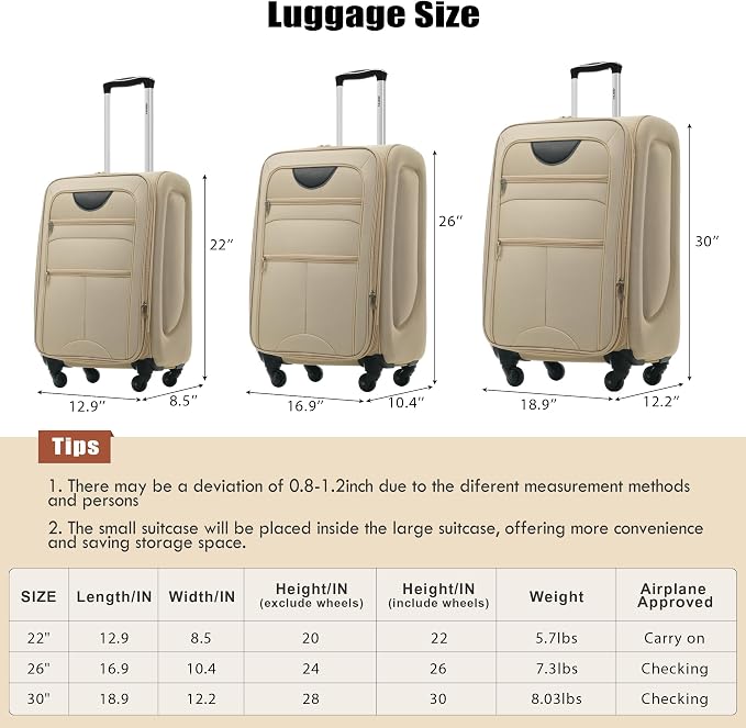 Merax Softside Luggage Set, Travel Suitcase Expandable Lightweight 3 Piece | Luggage Sets with Duffel Bag 22" 26" 30" Suitcase with TSA Lock Spinner Wheels,Khaki - Image 3