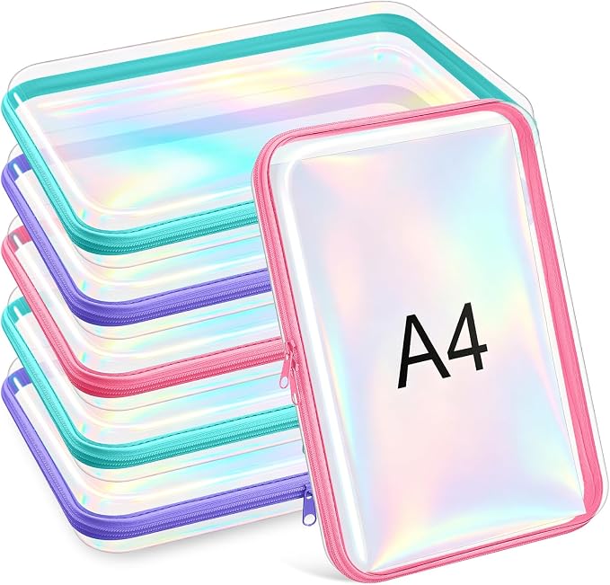 Sanwuta 6 Pcs Clear Hard Zipper Case Plastic Zipper Pouches Transparent Makeup Bag Pencil Case Pouches Toiletry Diaper Bag for Travel Toy Storage Organizer Bins(Holographic,12.6 x 9 x 2 Inch) by Sanwuta