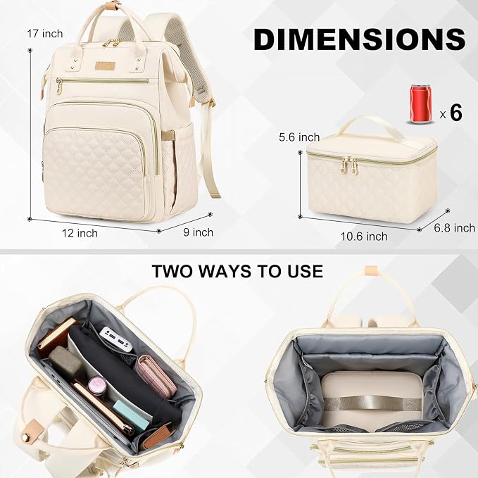 AIJIEKE Lunch Backpack for Women, 15.6 Laptop Backpack, Lunch Box, Beige | Water resistant computer bag with insulated leakproof cooler. Travel meal prep backpack for nurse, teacher, college commute - Image 6