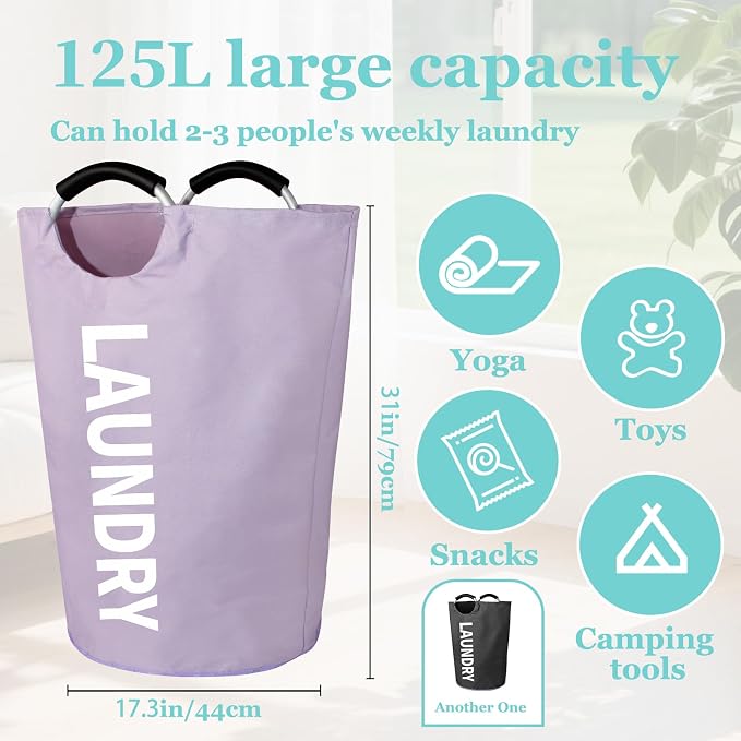 WOOHA 2 Pack 125L XX-Large Laundry Basket, Heavy Duty Laundry Hamper with Padded Aluminum Handles, 600D Oxford Fabric Storage Bag for Comforters, Pillows, Dorm & Bedroom, Black+Purple - Image 5