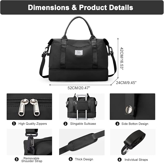 Travel Duffel Bag, Carry On Overnight Weekender Bags for Women | Travel Bag with Wet Pocket & Trolley Sleeve, For Spirit Airlines 18x14x8 Personal Item Bag - Image 4