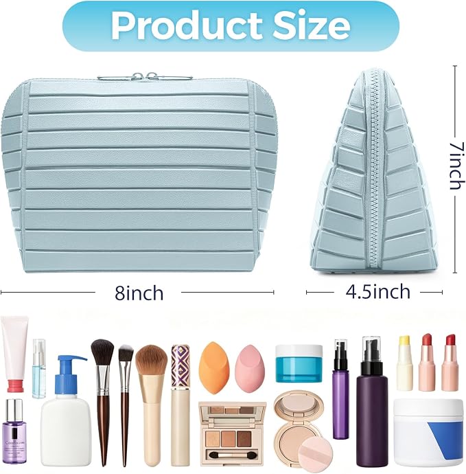 Travel Makeup Organizer Bag with Fold-Down Design and Adjustable Dividers, 27 Pockets & 3 Brush Storage Holders, Large Capacity Cosmetic Bags Toiletry Case - Light blue - Image 3