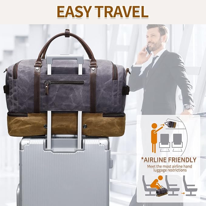 Nerlion Weekender Bag with Shoe Compartment Large Overnight Bag for Men Canvas Genuine Leather Carry on Luggage Bag Travel Duffel Bag(Gray) - Image 3