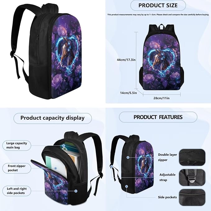 Horse Backpack for Girls Kids Backpack with Lunch Box Water Bottle Holder and Aesthetic Pencil Case 4PCS Set Bookbag with Compartments for School Teens 17" Sturdy School Bag with Side Pocket - Image 4