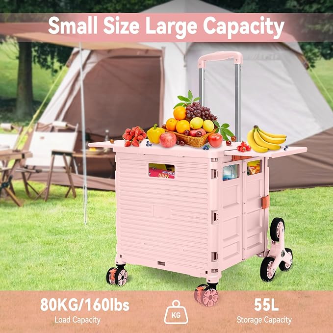 Foldable Utility Cart Portable Crate Rolling Dolly with Telescopic Handle,Can be Pulled diagonally, Magnetic Retractable Lid, 360°Swivel Climbing Wheels for Shopping Carrying Groceries Move Pink - Image 6