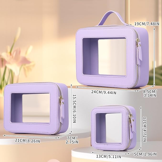 Pinkmik Clear Makeup Bag Waterproof Travel Case for Cosmetics and Toiletries Women's Purse Organizer and Clear Car Bag with Zipper (X/Purple, L+M+MINI) - Image 2