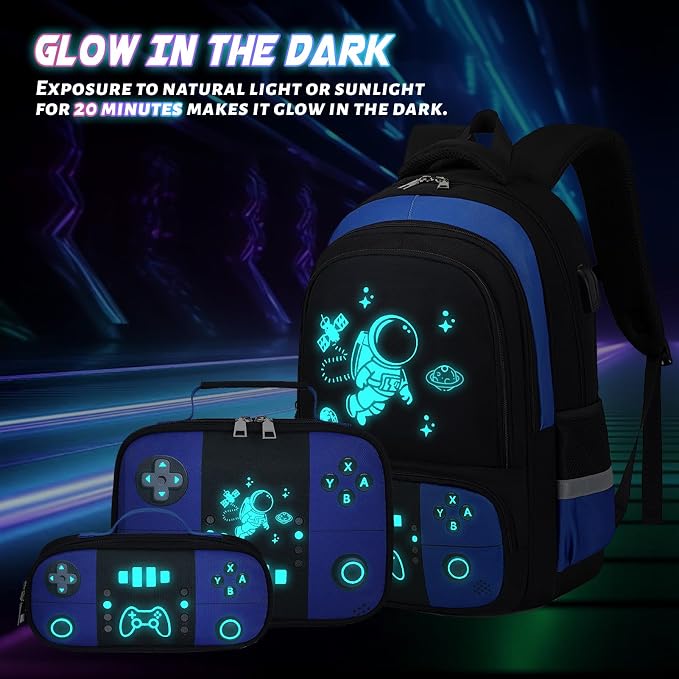 Bevalsa Backpack for Boys with 43OZ Bento Lunch Box,Insulated Lunch Bag & Pencial Case,Cool Luminous Gamer Schoolbag for Kids Teens Elementary Middle School,Bookbag Glow In The Dark - Image 8