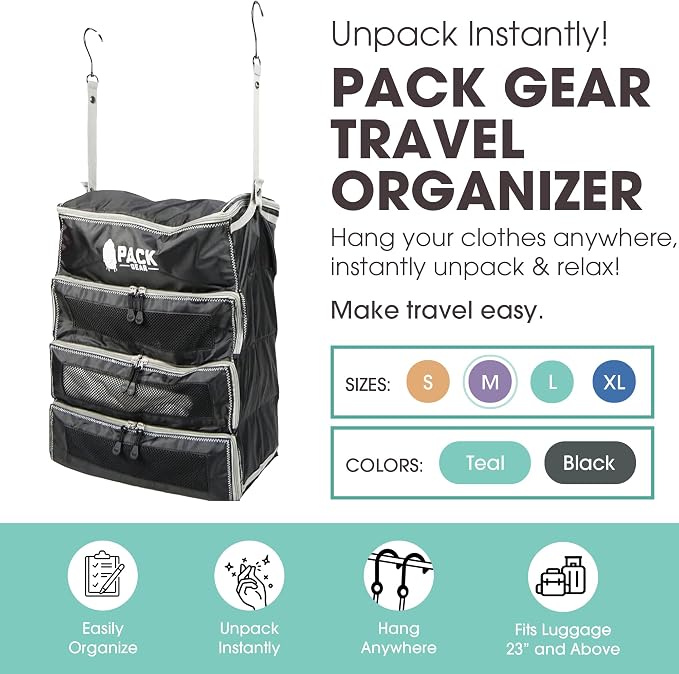 Pack Gear Hanging Carry-On Organizer - Our Fitted Hanging Luggage Organizer Perfectly Fits Any Carry On - Our Packing Cubes For Travel Use Mesh Windows to Make Finding Clothes Easy (Black, M) - Image 3