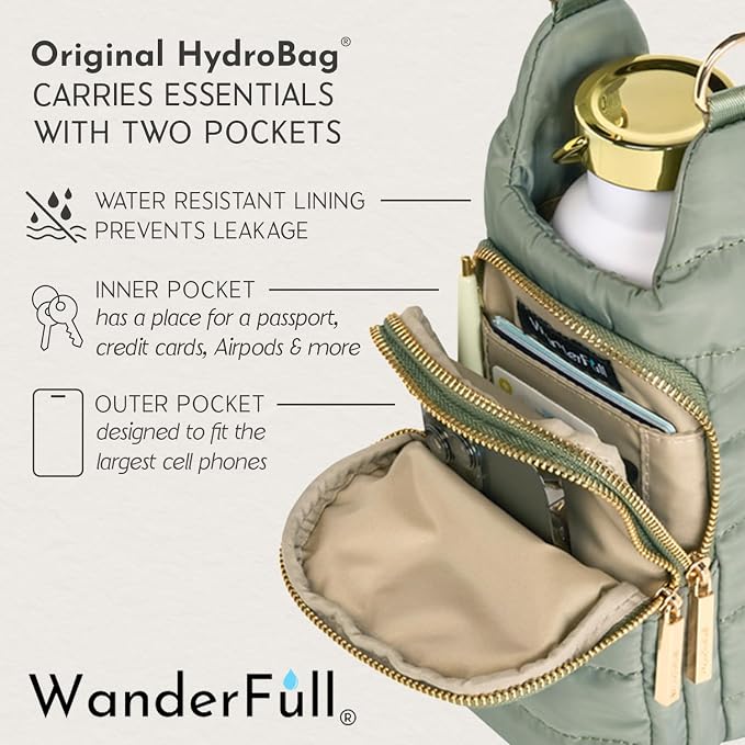 WanderFull Original HydroBag Handle®, Zipper for Handle, 40 oz Water Bottle Holder w/Strap, Crossbody Carrier Bag w/Phone Pocket, Tumbler Accessories - Sage Green w/Patterned Strap - Image 3