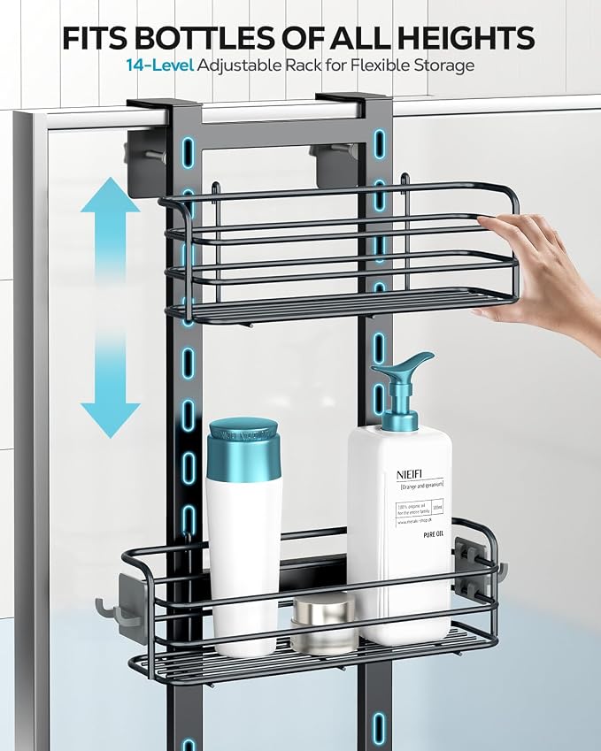 Nieifi Over The Door Shower Caddy, Adjustable Hanging Shower Organizer | Adjustable hanging baskets, 4 hooks, large capacity, rustproof steel, pantry organizer, drill free, for bathroom, black - Image 2