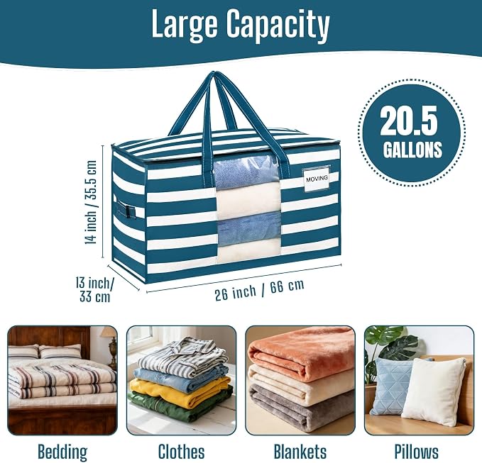 VENO 8 Pack Heavy Duty Moving Bags, Clothes and Comforter Storage Bags with Clear Window, College Dorm Essentials Packing Supplies, Foldable Boxes Alternative (Classic Navy Stripe, 8 Pack) - Image 2