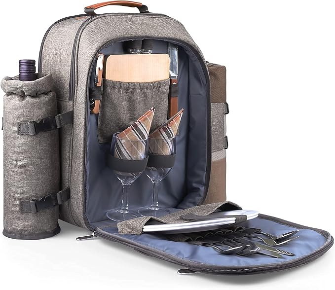 Sunflora Insulated Picnic Backpack for 2 Person Bag with Cooler Compartment, Blanket and Stainless Steel Cutlery Set for Couple, Lovers and Friends (Brush Beige) - Image 2