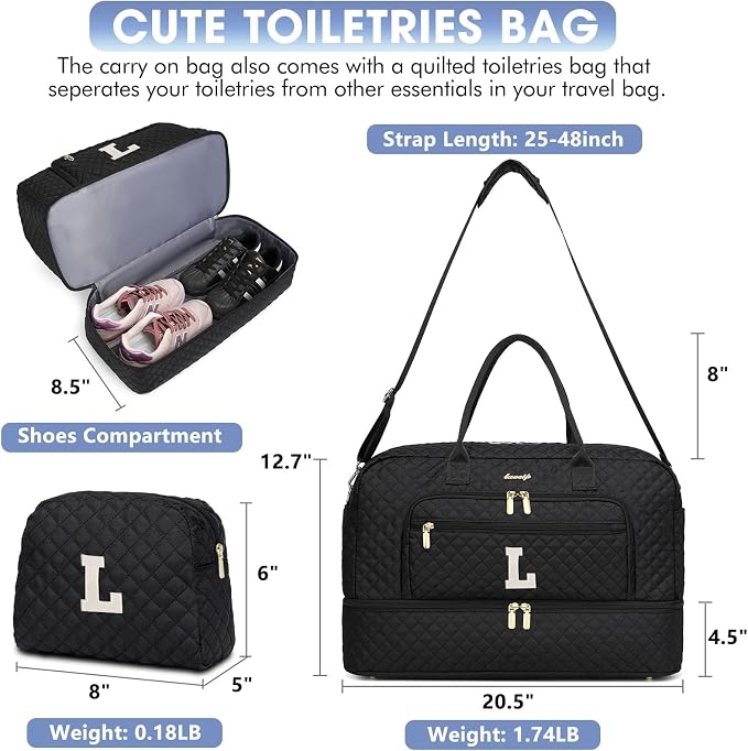 Initial Travel Duffle Bag for Women - Black Personalized Weekender bags Overnight Bag with Shoe Compartment & Wet Pocket Weekend Tote Bags with Toiletry Bag Monogram Christmas Gift (Letter L) - Image 3