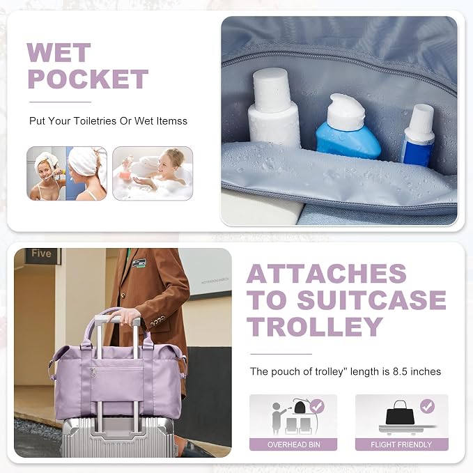 Travel Duffel Bag, Carry On Overnight Weekender Bags for Women | Travel Bag with Wet Pocket & Trolley Sleeve, For Spirit Airlines 18x14x8 Personal Item Bag - Image 5