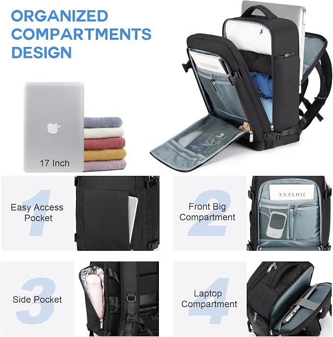 RDTGO Travel Backpack For Women, 40L Carry-On Backpack, Airline Approved Personal Item Bag, Waterproof Laptop Backpack with Large Duffel, Casual Daypack for Buisness Gym Weekend Hiking (Black) - Image 3