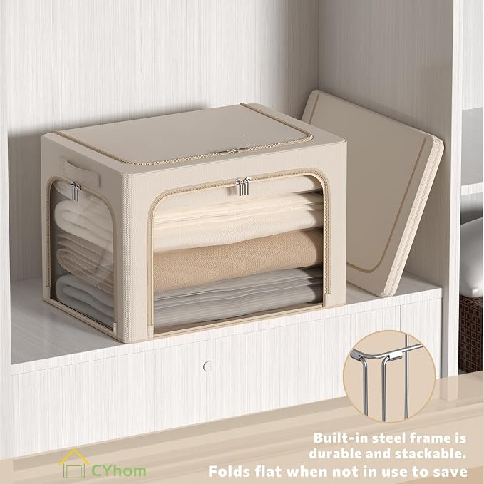 3Pack Clothes Storage Bins - Oxford Frame Storage Box Foldable Stackable Storage Organizer with 3 Openings Design, Metal Frame, Clear Window, Carry Handles (Beige, 100L-23.6 * 16.5 * 15.7in) - Image 3