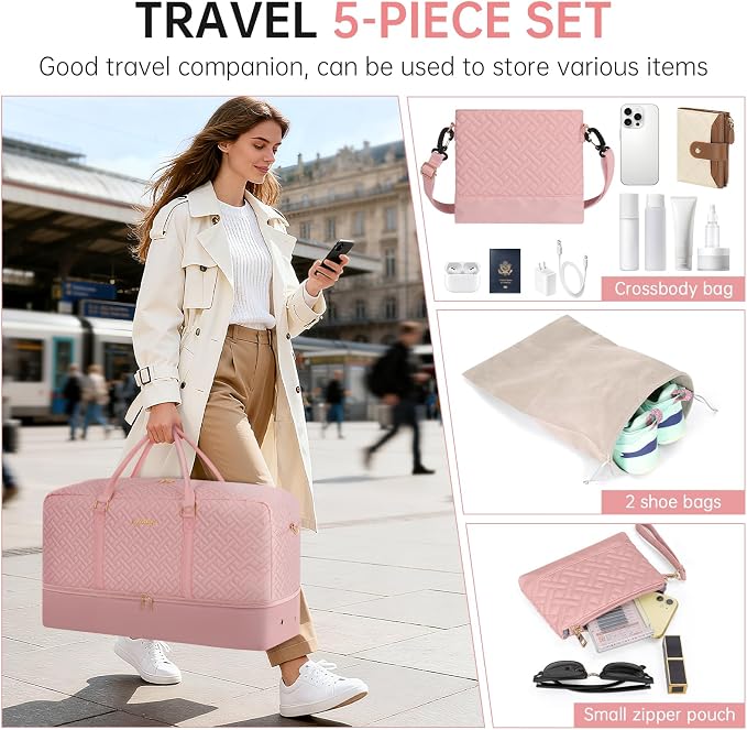 Weekender Bag for Women, 5 Pcs Set Carry on Overnight Bag, 21" Travel Duffel Bag with Waterproof Shoe Compartment for Weekend Travel Business Trip - Image 6