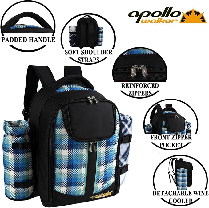 apollo walker Picnic Backpack Bag for 2 Person with Cooler Compartment, Detachable Bottle/Wine Holder, Fleece Blanket, Plates and Cutlery Set - Image 5