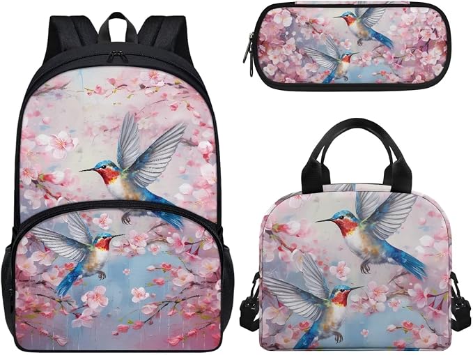 Floral Hummingbird Backpack and Lunch Bag Pencil Case Set for Girls, Middle School Elementary Bookbags, 3Pcs School Bag with Lunch Bag Pencil Case by CndexdWearfunPrintjoy
