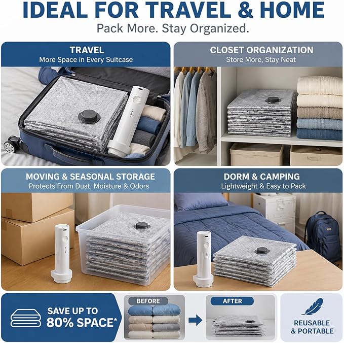 Travel Compression Vacuum Bags with Rechargeable Mini Air Pump, 15 Pack Carry-On Size Space Saver Bags, Reusable Vacuum Storage Bags for Clothes, Travel Essentials Organizer - Image 5