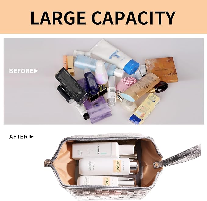 Abiudeng Large Capacity Makeup Bag Ladies Cosmetic Bag Travel Bag with Compartments Portable PU Leather Travel Makeup Bag with Handle - Image 4