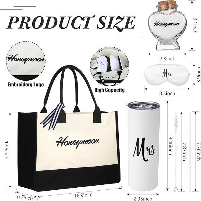 Preboun 14 Pcs Wedding Gifts for Couple Honeymoon Gifts Include Mr and Mrs Beach Towels 20 oz Wine Tumbler Hat Shareable Passport Holder Baggage Tag Glass Bottle Canvas Honeymoon Tote Bag Sleep Mask - Image 3