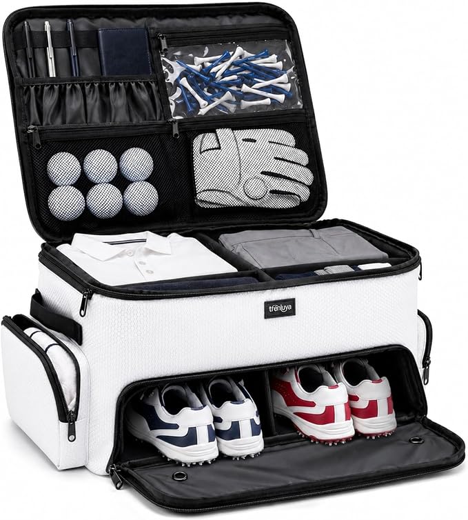 Golf Trunk Organizer with Separate Ventilated Compartment for 2 Shoes | 2 Layer Storage, Up To Us Men'S 16, Waterproof Side Pocket, Golf Car Storage for Balls, Tees, Cap, Clothes, Gloves by Trenluva