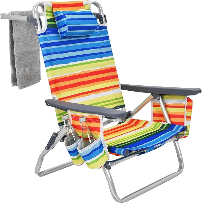 Giantex Folding Beach Chair, Patio Sling Chairs with 5 Adjustable Position, Head Pillow, Storage Bag, Towel Bar, Cup Holders, Backpack Chairs for Sunbathing, Camping Chair - Image 9