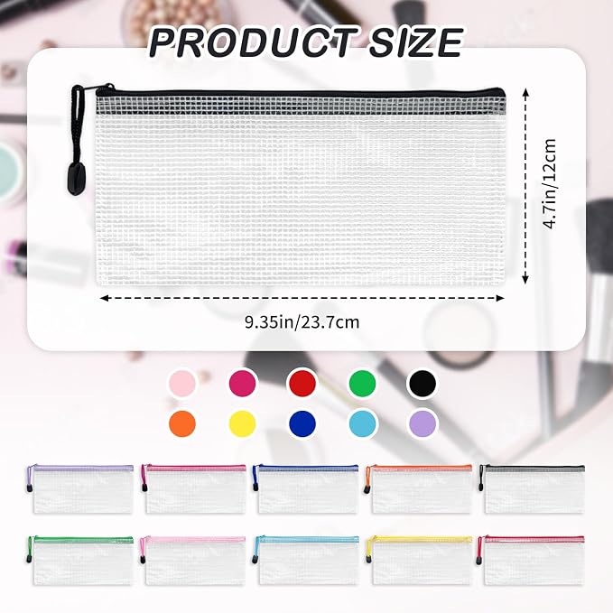 GEMLORD 150 pcs mesh pouches, mesh pouch cosmetic bag zipper pouches for classroom zipper pouch mesh makeup bag 9.35 x 4.7 Inch for Travel, Cosmetics, Toiletry, 10 Colors - Image 2